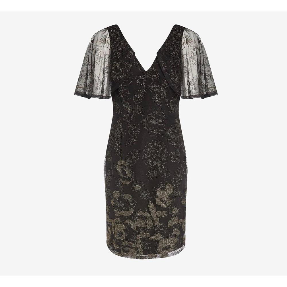 Adrianna Papell Black Gold Floral Embroidered Flutter whismi goth dainty Dress 8